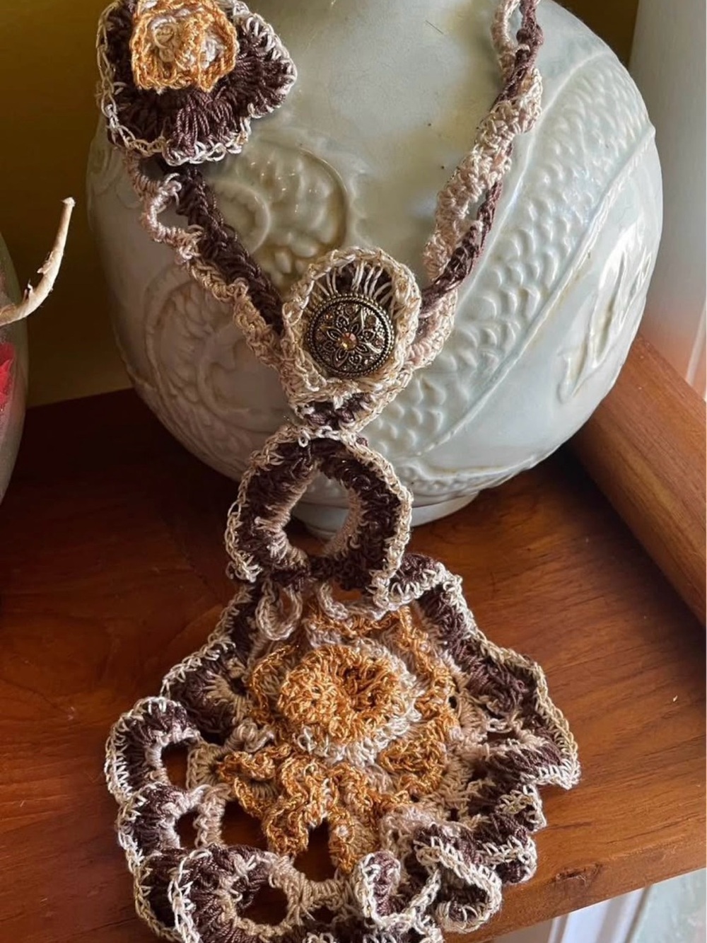 Handmade Crochet Floral Pendant Necklace in Brown & Cream